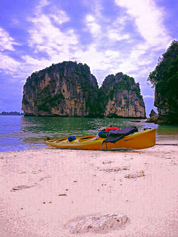 isolated beach after kayaking Halong