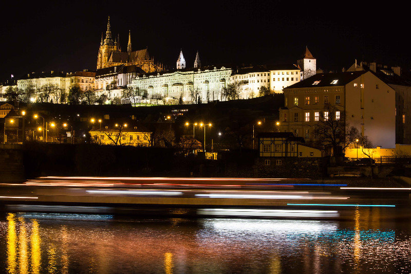 Prague Castle with light trails