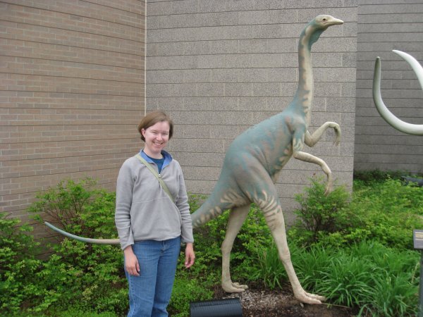 Sarah with "ostrich-like" dinosaur
