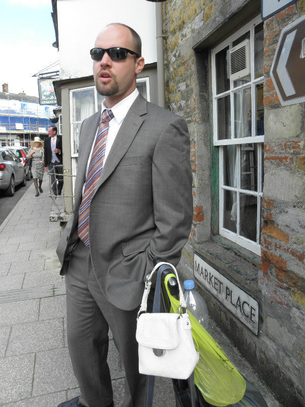 Shaney looking dapper (complete with a handbag) waiting for friends