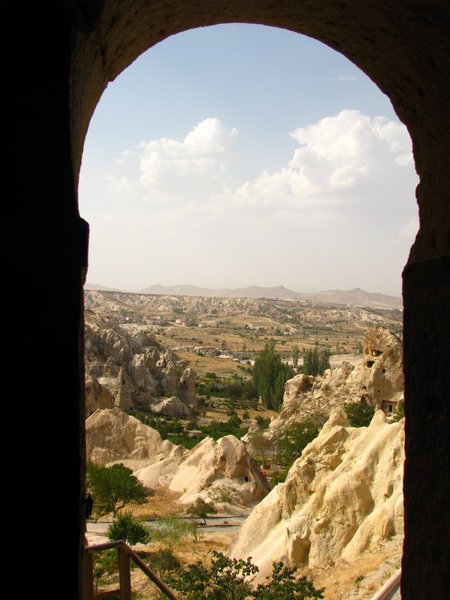 Framed view from inside a cave church