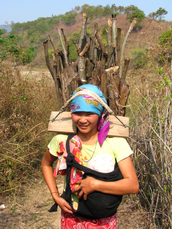 Young Mother with Baby  carries wood 2