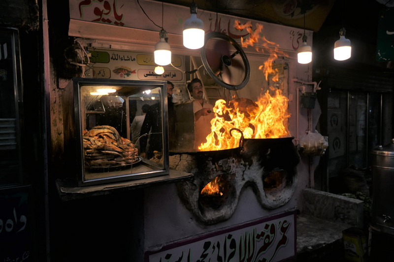flaming food in Mingora bazaar