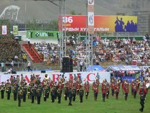 waiting for the opening ceremony to start at the Naadam Stadium