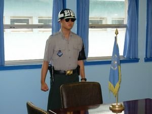 ROK soldier on duty in the UN building at the DMZ