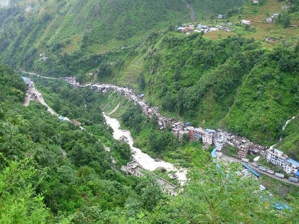 view across to Kodari, Nepal, from the road below Zhangmu