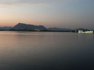 evening light on the Monsoon and Lake Palaces