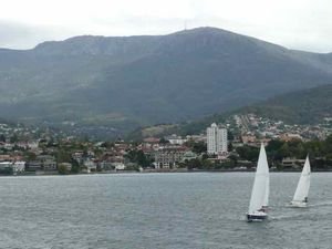 sailing into Hobart in the shadow of Mount Wellington