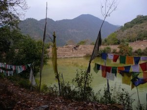 prayer flags at Tshomin Lake
