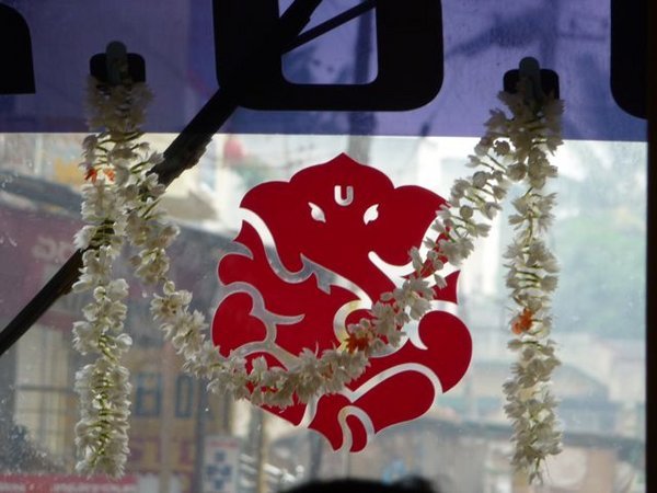 Ganesh on the window of the Hassan-Halebid bus