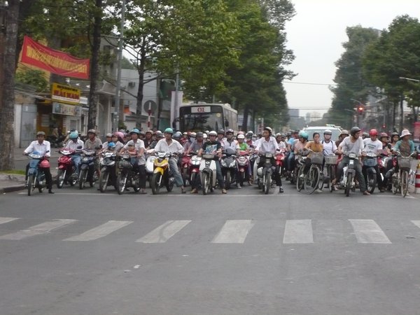 Traffic Lights are red.  There are 40 million bikes in Vietnam