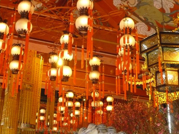 Lanterns lighting up the inside of the Temple