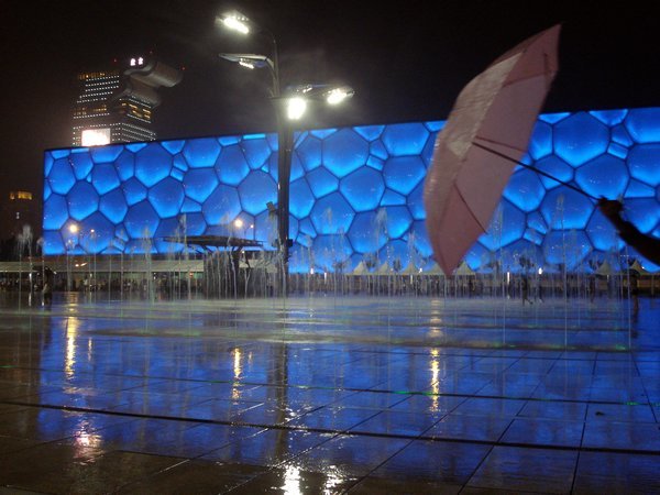 The Water Cube Fountain Show in the Rain