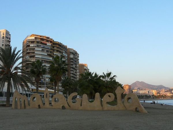 Malaguetas sign on the beach, Malaga