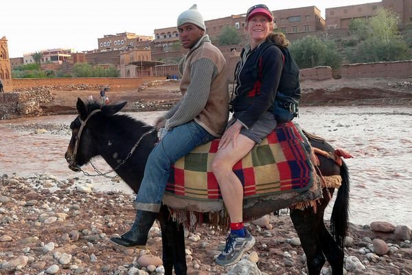 Kate crossing the river at Ait Ben Haddou