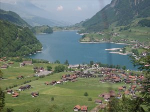 cool lake and town in swiss alps 2