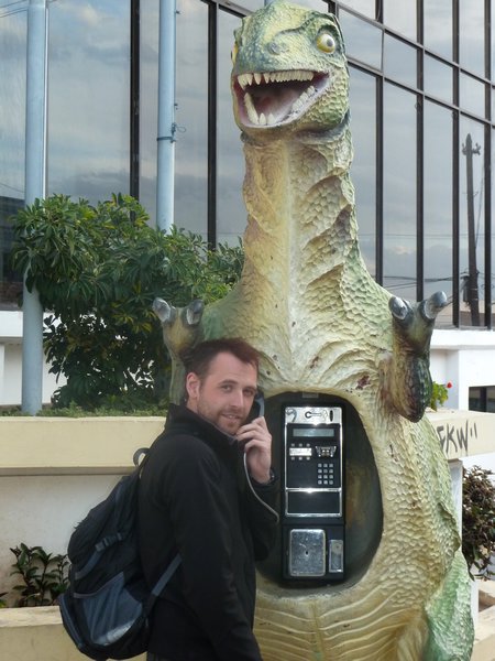 Rob on dinosaur phone, Sucre, Bolivia (1)
