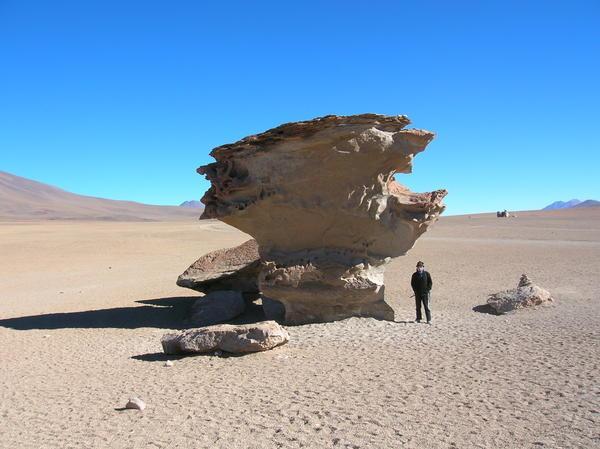 Anne by big random rock in desert