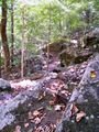 Huge rocks line the trail near the waterfall.