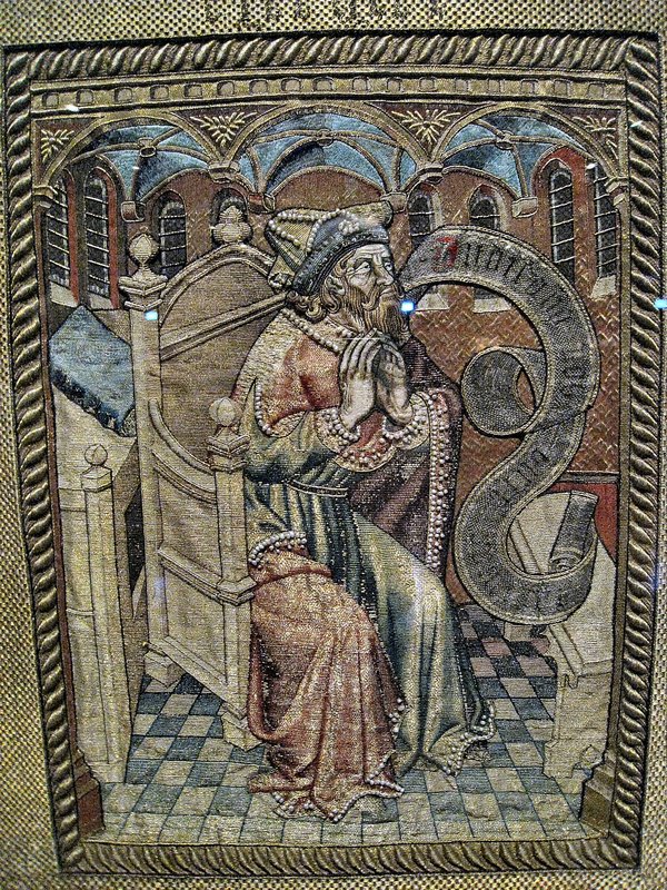 Tapestry man praying entire panel