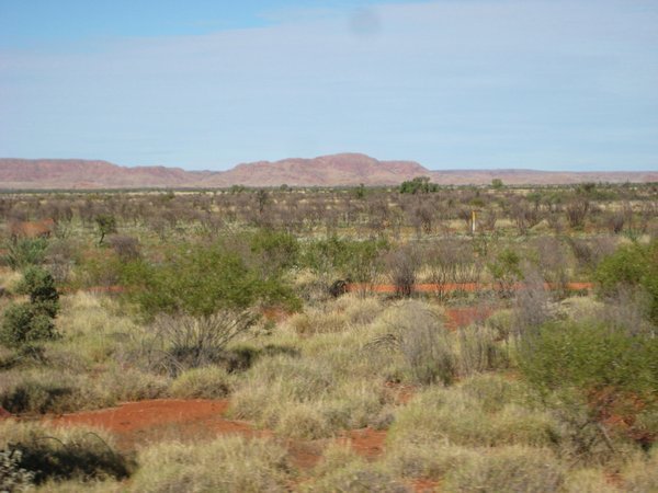 Mountains, red dirt  and green tufty grass