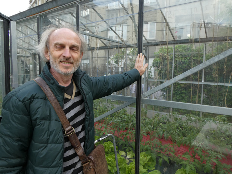Harry with the Project's first green house which he painstakingly reassembled.