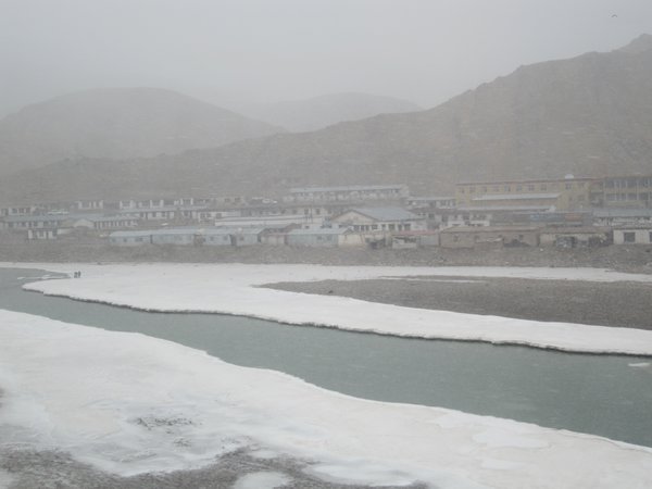 A snowy village high in the mountains