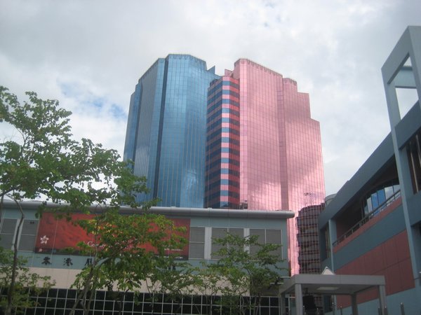 Blue and pink buildings