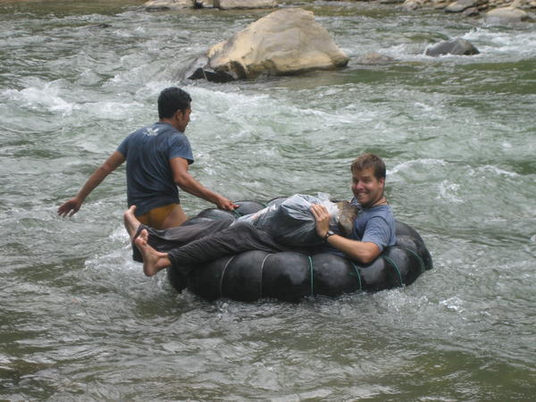 Jungle River crossing with a man in his pants
