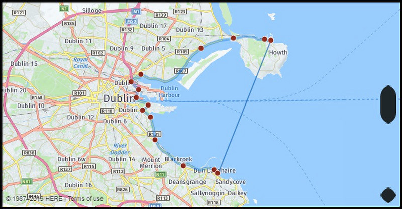 a map showing the route from Dublin to Howth.