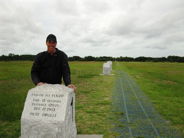 Dan stands on the spot where the very first powed flight by the Wright brothers touched down at Kitty Hawk in North Carolina