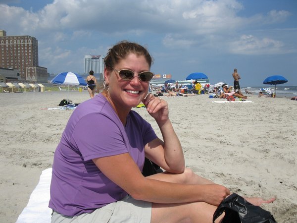 Rebecca sitting on the jewel of Atlantic City...The Atlantic Beach