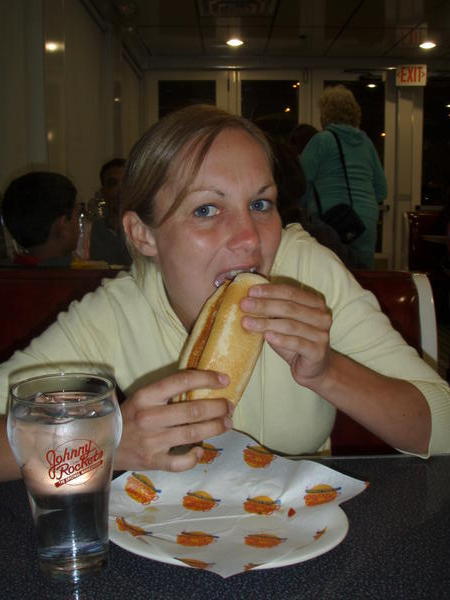 Jo has her 3rd hot dog of the day