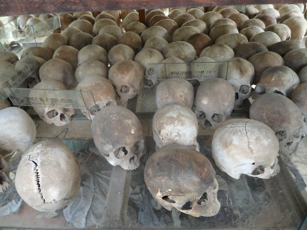 Victims skulls on display in the shrine at the Killing Fields