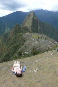 Relaxing in one of the few peaceful areas of Machu Picchu