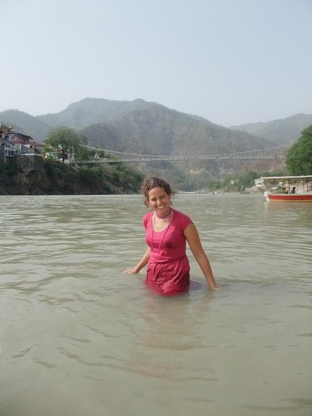 Maria braving the bitter cold temperature of the Ganges