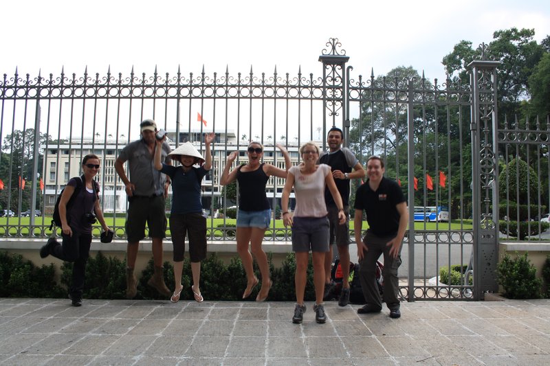 Reunification palace. Some of the group jumping? Not sure why.