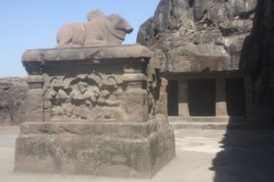 Nandi on a pedestal outside the Rameshwara Cave
