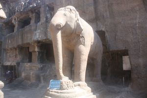 An elephant stands guard at Indra Sabha