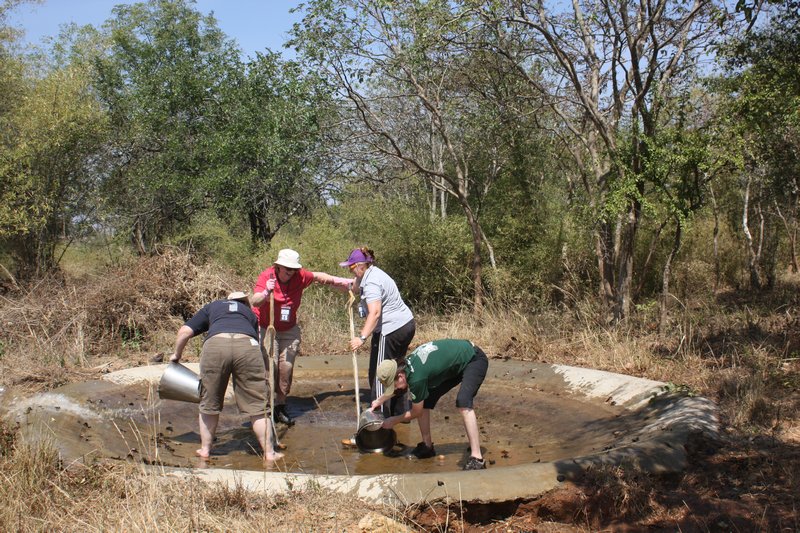 Some of the volunteers clean a drinking pond