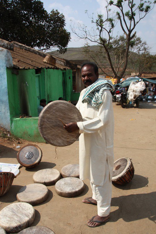A drum maker demonstrated his products