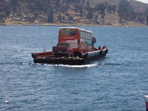 Our bus being moved across Lake Titicaca
