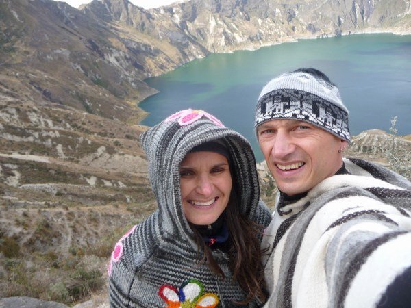 glad of our new ponchos hanging out at the laguna at 3800m