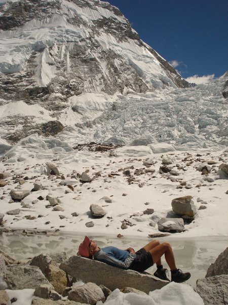 Relaxing at Base Camp by the Khumbu Icefall