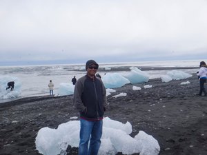 Black Sand Beach Littered with Ice Boulders