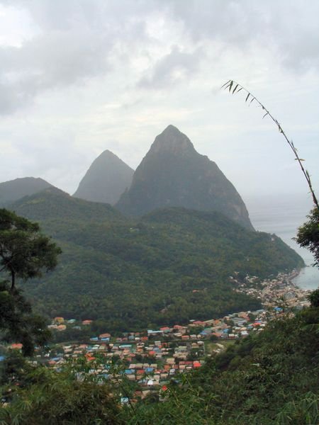 The Pitons and the town of Soufriere