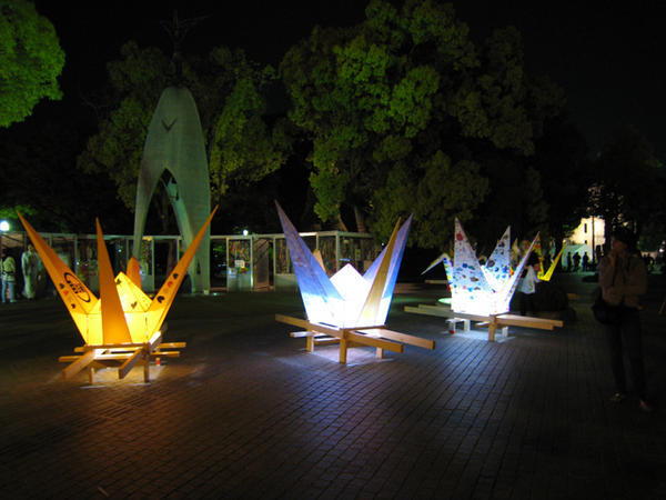Giant paper cranes decorated by school children