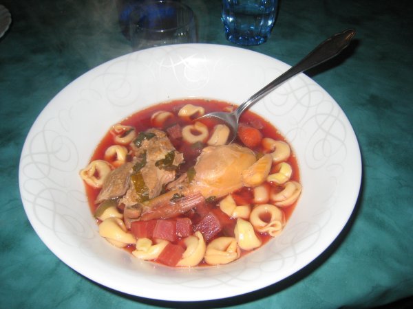 Mario's beetroot soup with tortellini, delish!