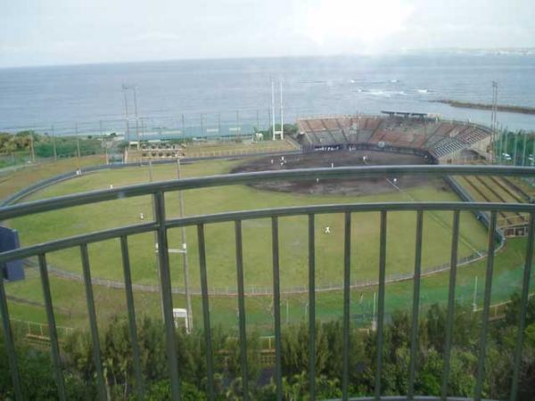 View over the ocean and a baseball field