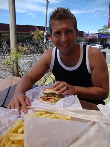 Hamburger and chips after the beach